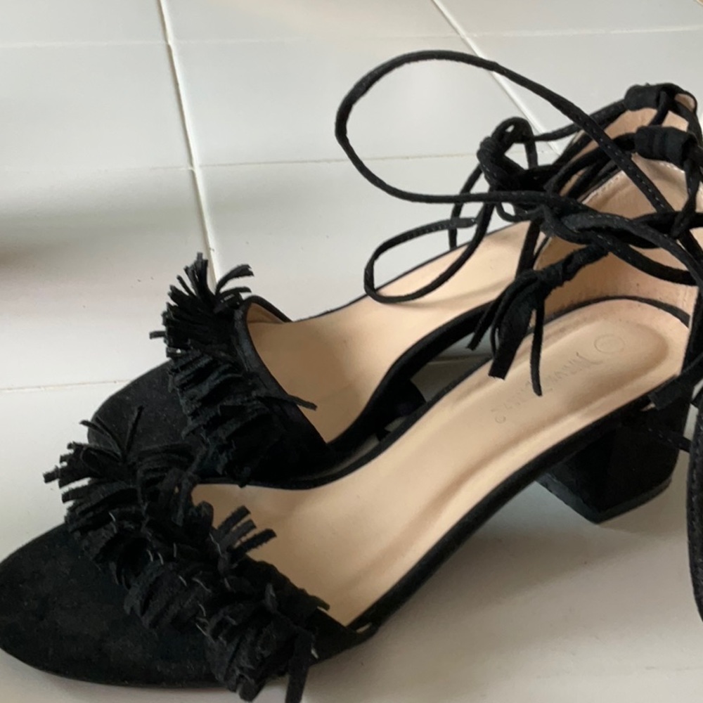 Suede Fringe Ankle-Tie block-heel Sandals